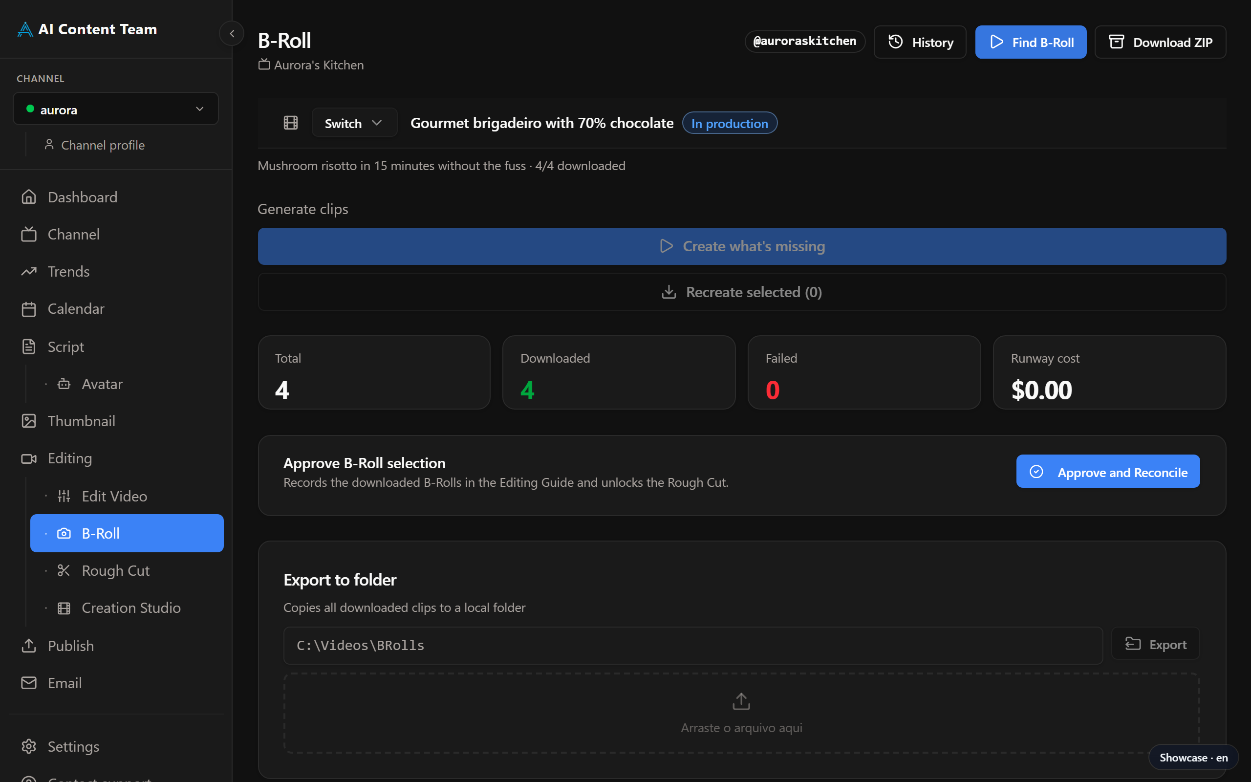 B-Roll page — clip manifest with download status and cost