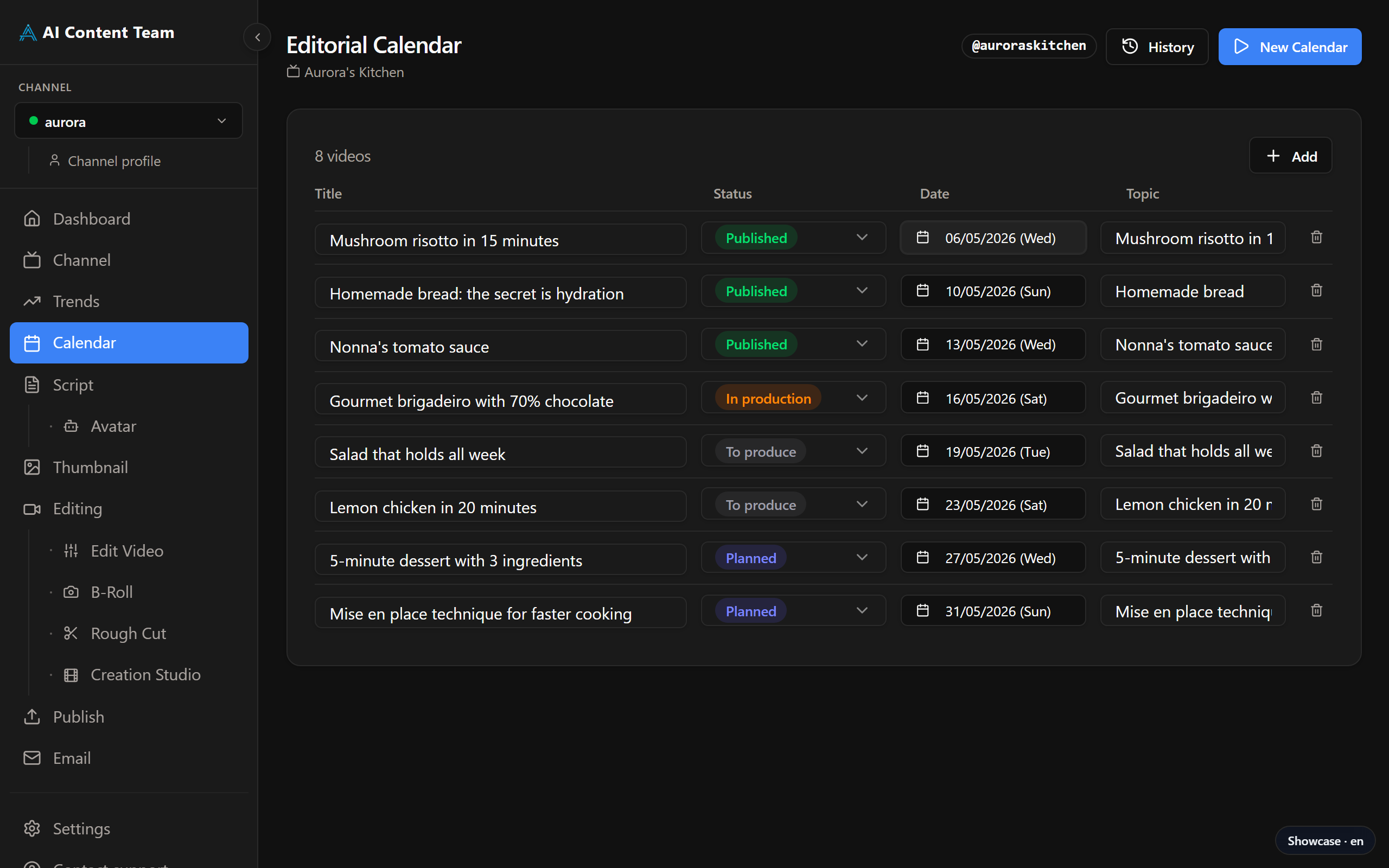 Calendar page — editorial grid with planned and in-progress videos