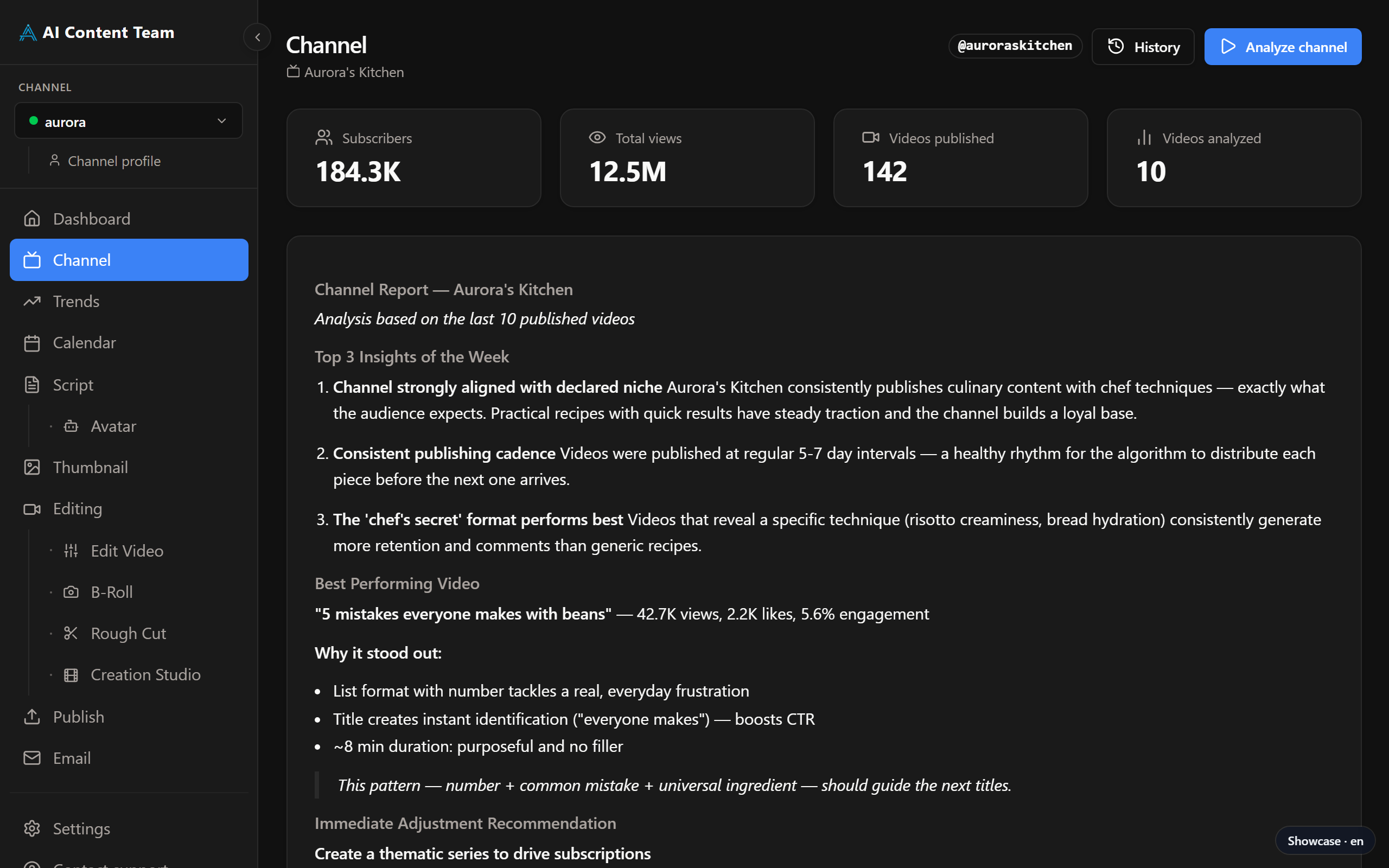 Channel page — metrics and AI-generated strategic report