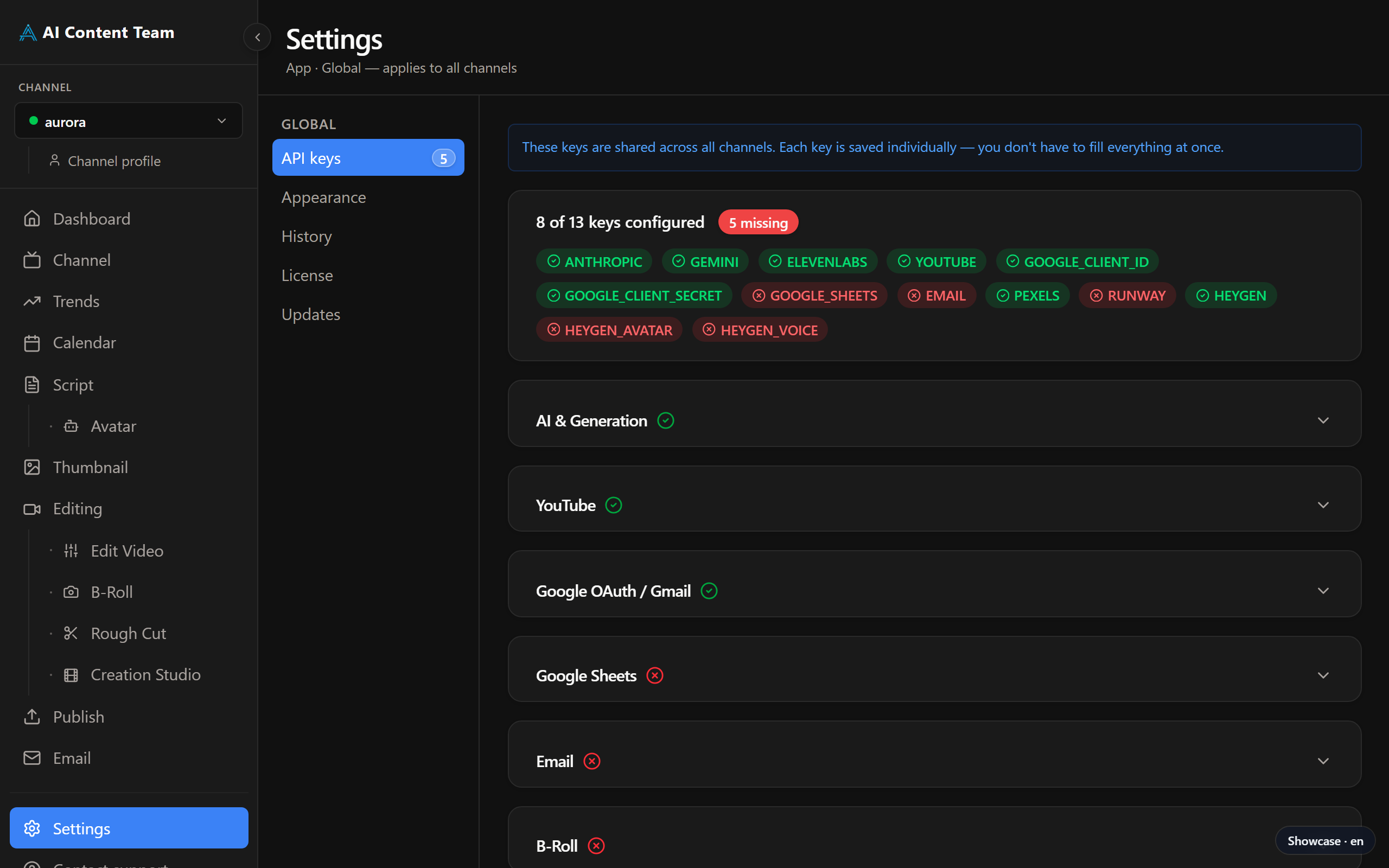 Settings page — API keys and management tabs