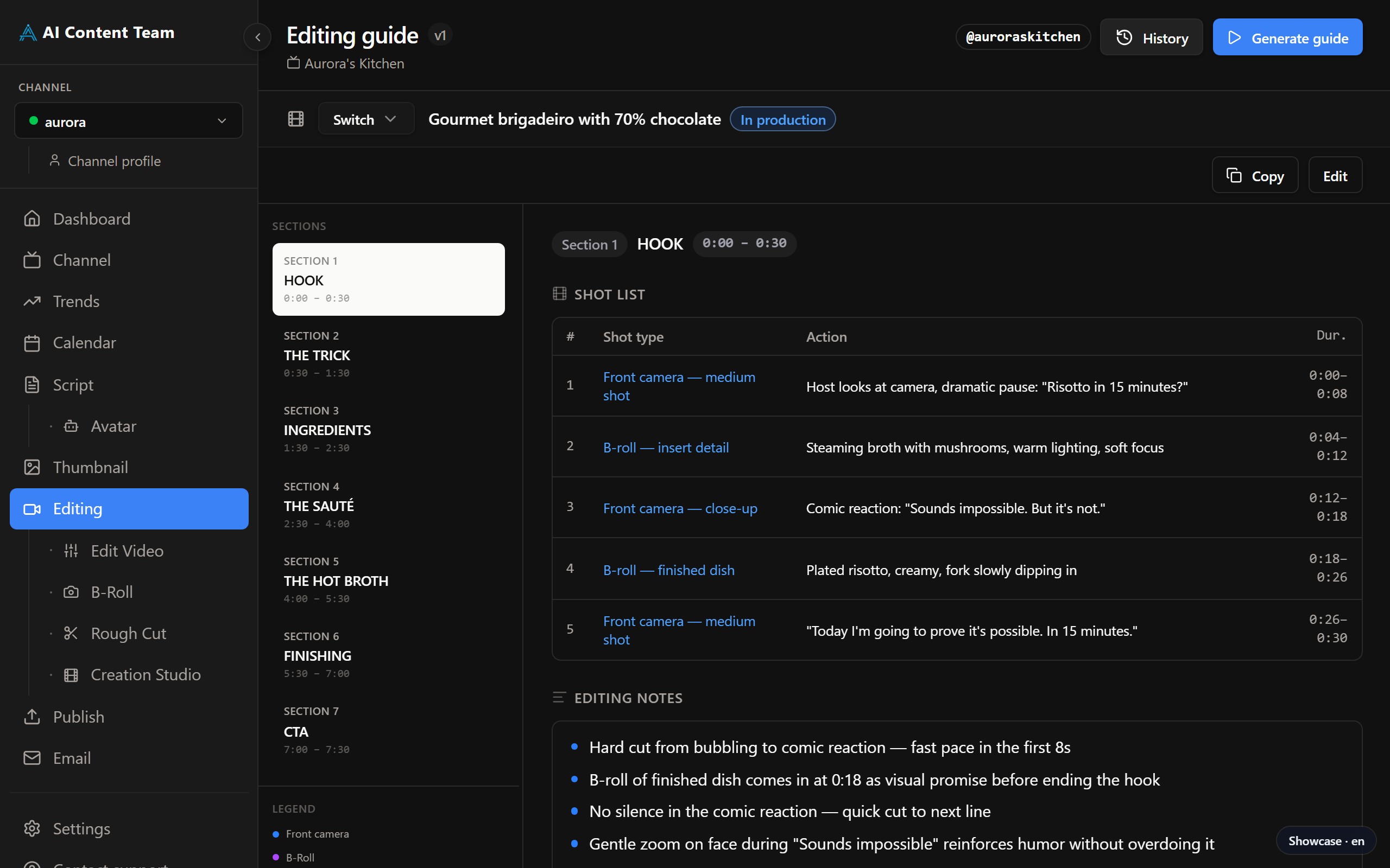 Editing page — full guide with shot list and assembly instructions