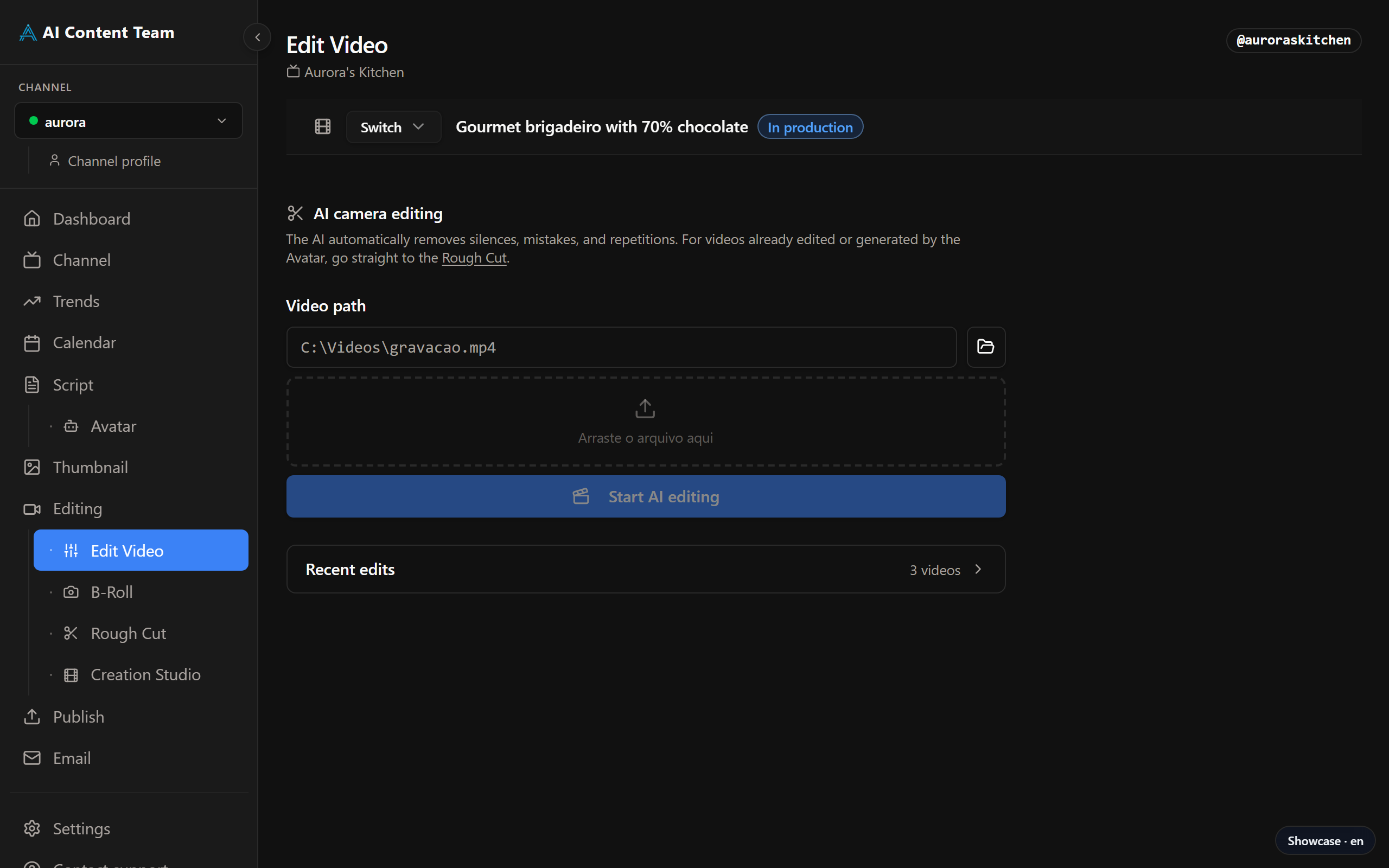 Edit Video page — pick raw footage and run the auto-edit agent