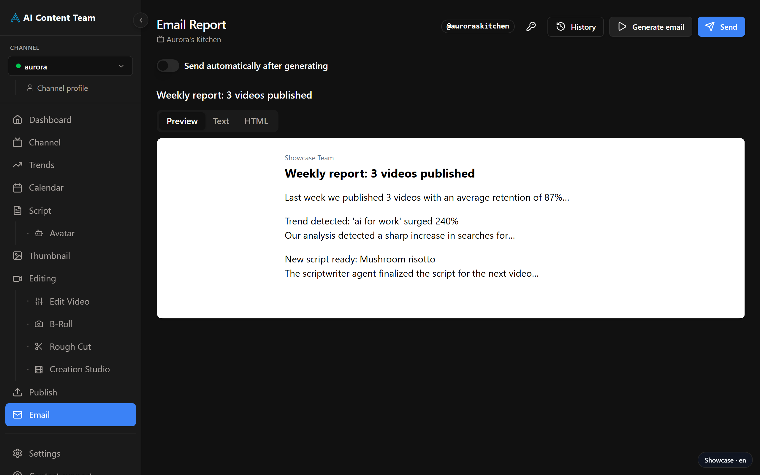 Email page — weekly digest template and Gmail send