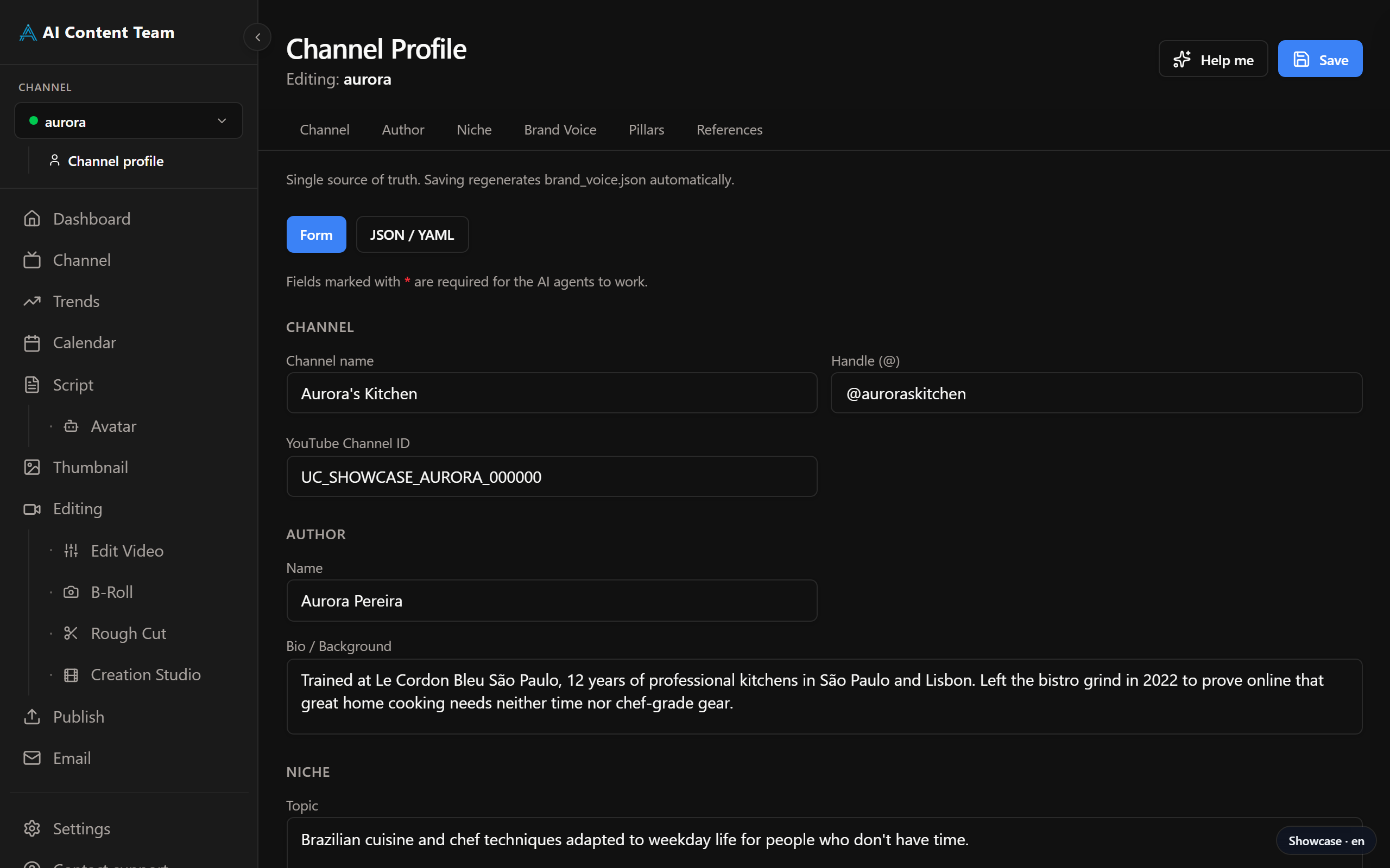 Channel Profile page — editorial identity fields