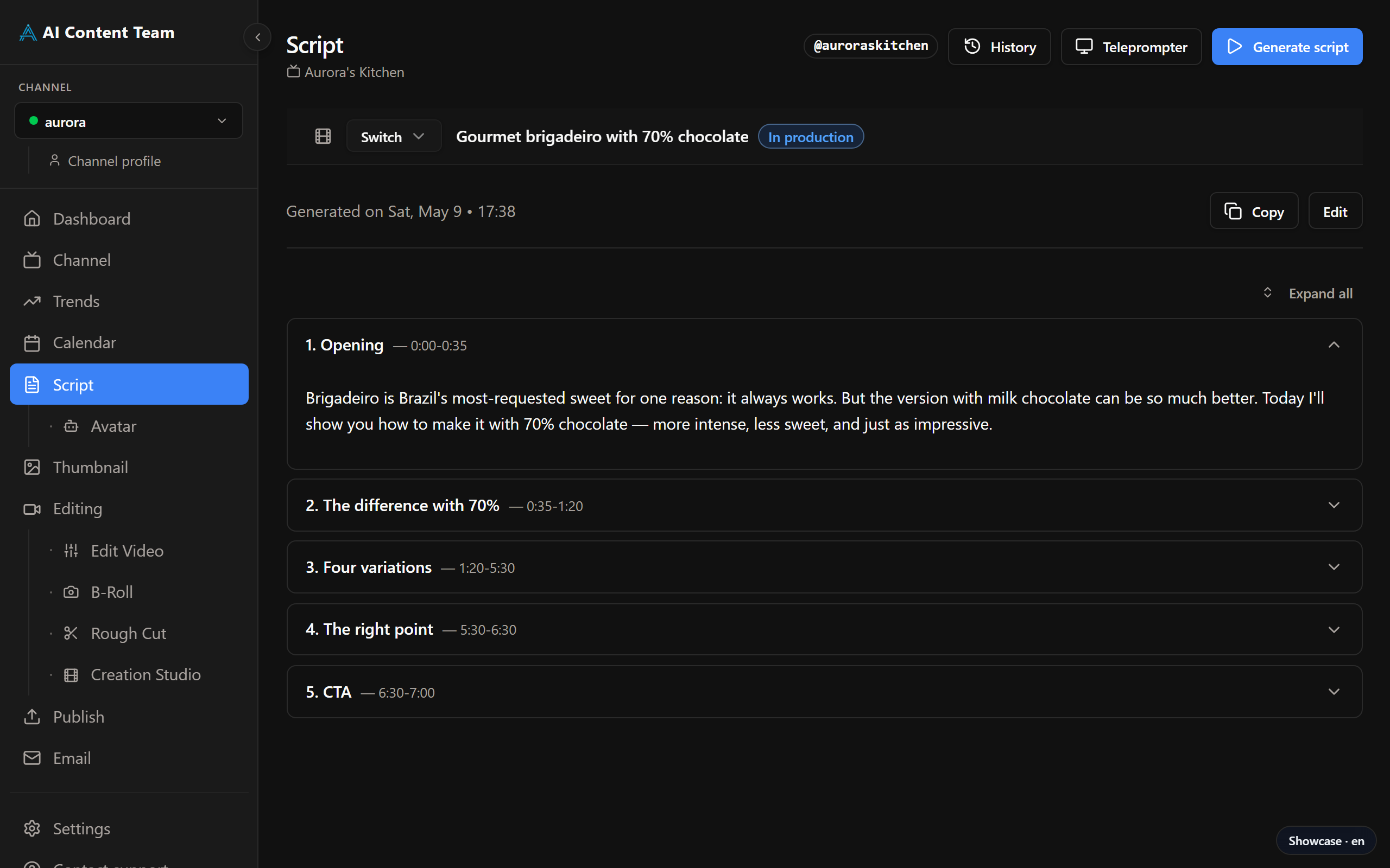 Script page — script broken down by section with timecodes and directions