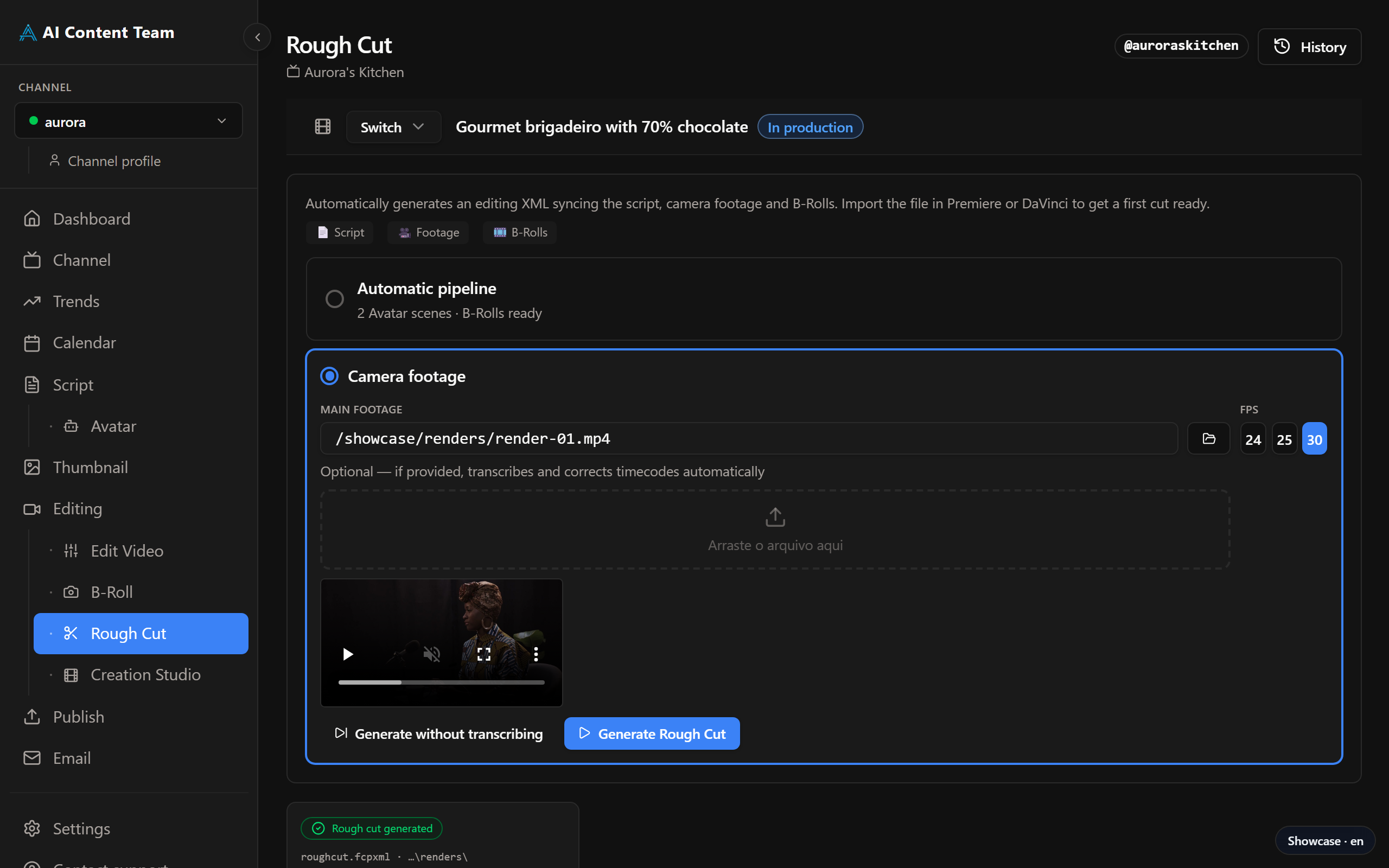 Rough Cut page — timeline with timecodes and XML export