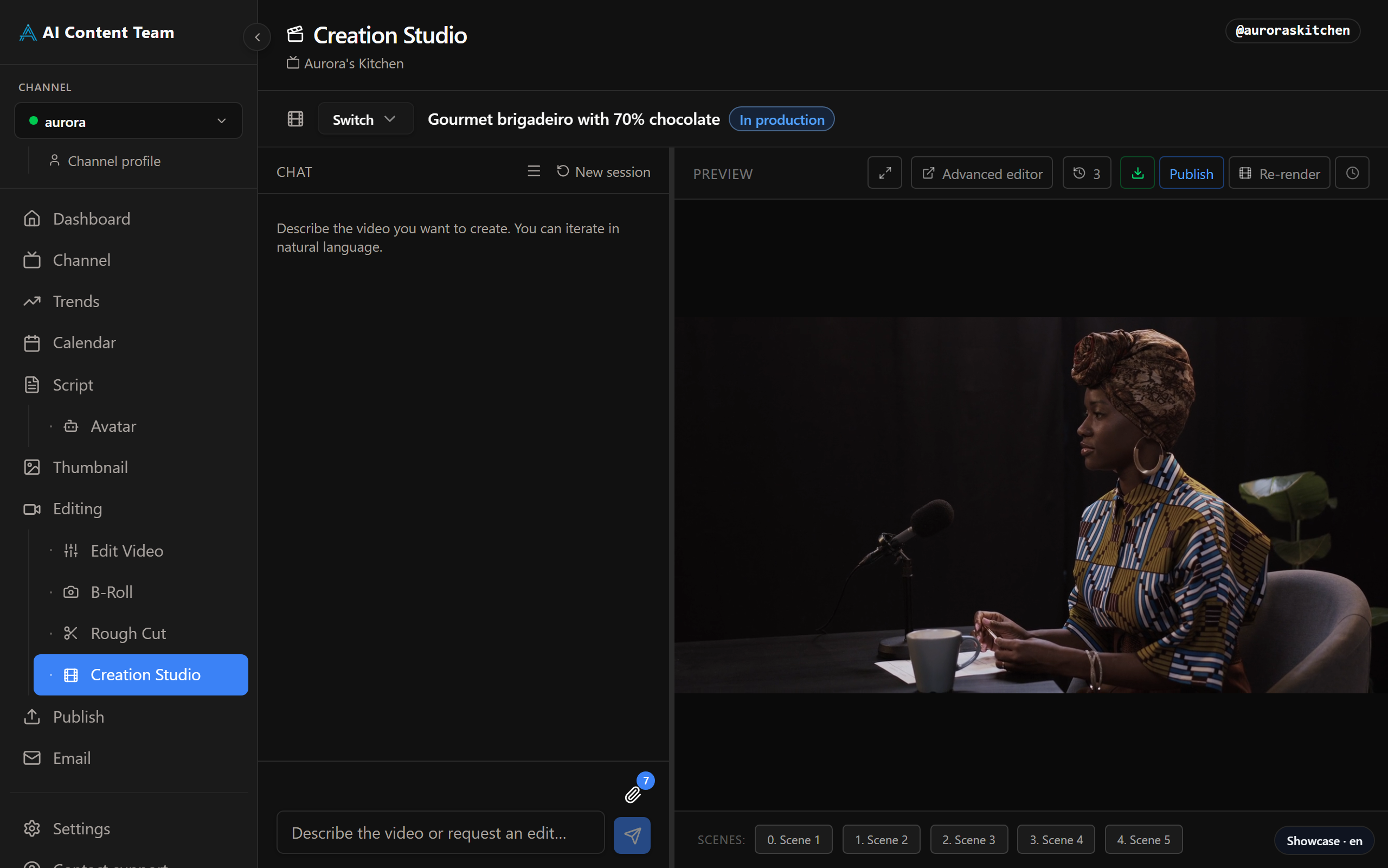 Studio page — chat with LLM on the left, HyperFrames preview on the right, scene markers below