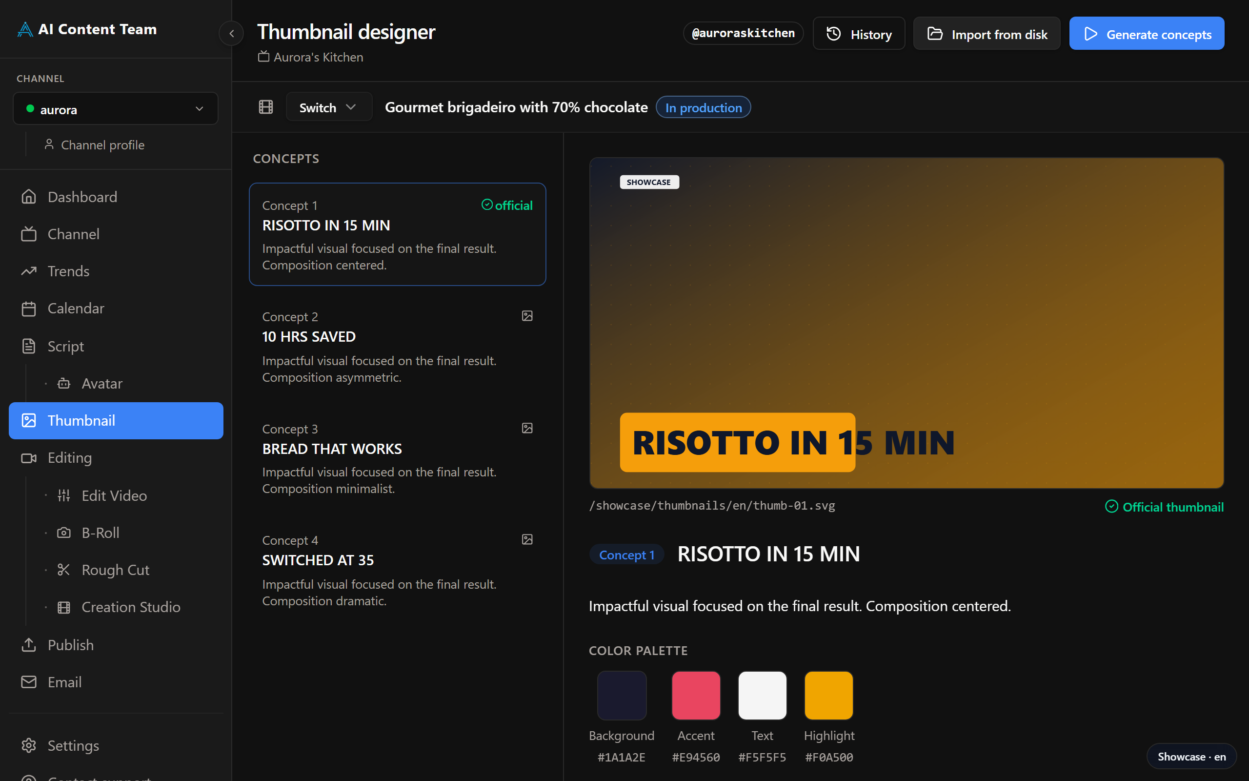 Thumbnail page — AI-generated concepts to choose from
